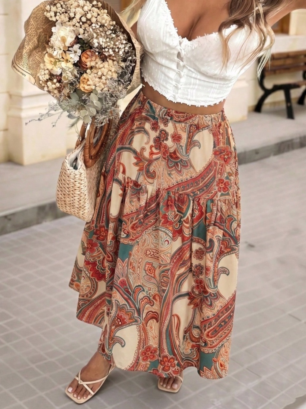 Boho Floral Print Stretchy Waist Maxi Skirt  